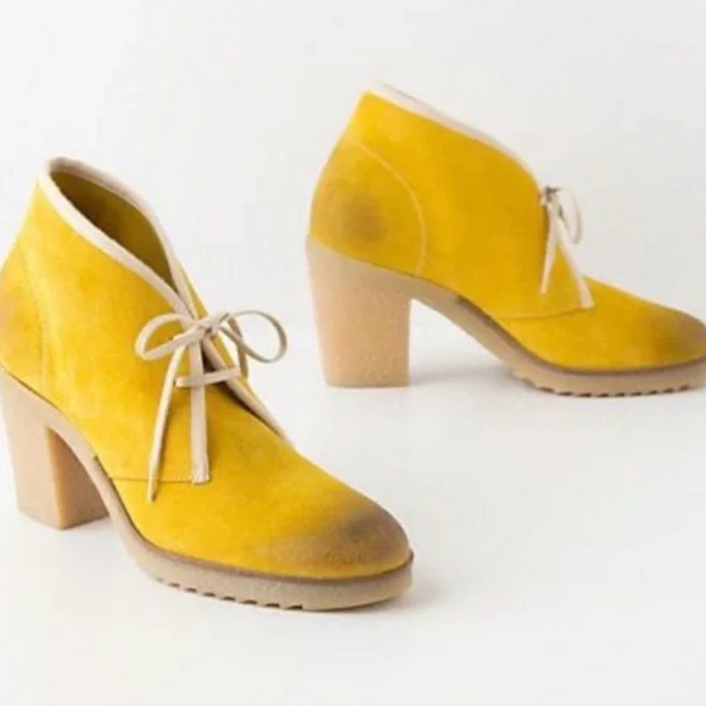 Anthropologie Jasper & Jeera Yuma Yellow Leather Suede Heel Booties Boots 38